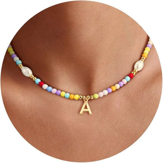 Colorful Initial Necklace for Girls Kids Women, Handmade 14K Gold Plated Colorful Initial A-Z Letter Necklace Teen Girls Gifts Trendy Stuff Birthday Gifts for 5 6 7 8 9 10 11 Year Old Girl Gift