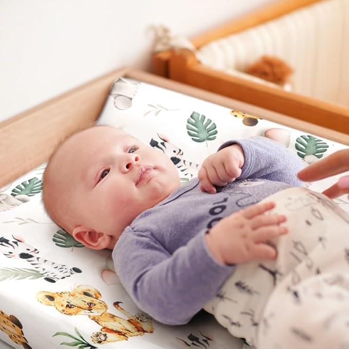 4 Pack Safari Jungle Animals Neutral Unisex Fitted Nursery Baby Sheets Set Toddler Mattress Sheets for Baby Boys or Girls (Changing Pad Cover)