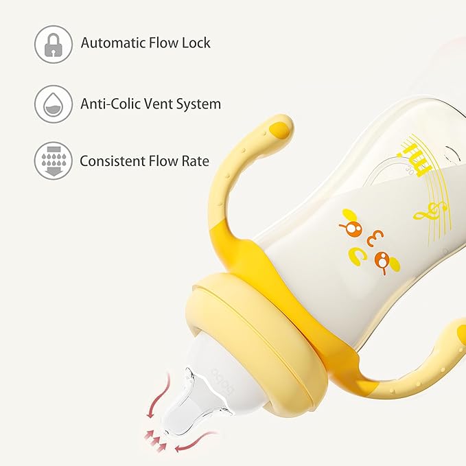 YOHKOH Natural PPSU Baby Bottle with Natural Response Nipple, Newborn Anti-Colic Baby Bottles with Handle, Wide Neck Mushroom Cap Baby Bottle (8.8oz (Pack of 4), Yellow1)