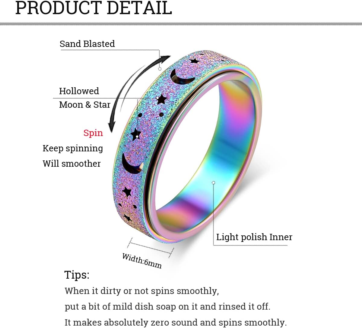OreilleStar Anxiety Ring for Women Spinner Ring Fidget Stainless Steel Ring Fidget Toys Adults Spinner Rings Fidget Rings Fidget Ring Men Moon Star Rainbow Size 10