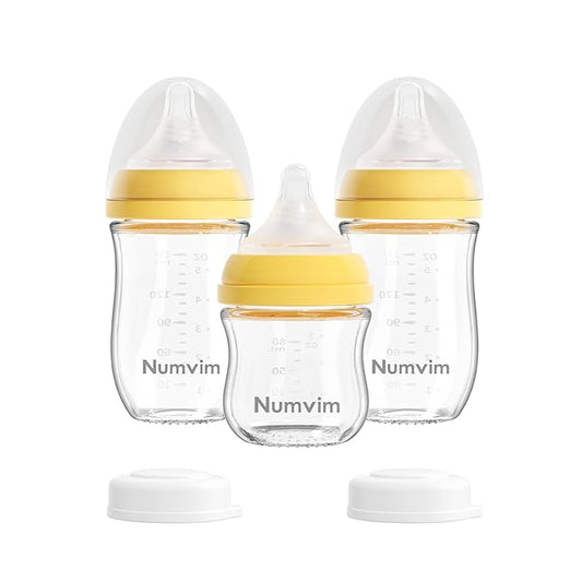 Natural Glass Baby Bottles Gentle & Extra Slow Flow, Newborn Breastfeeding Bottle with Anti Colic Nipple for 0 Months Babies, 3 Packs (Yellow (3 Ounce + 5 Ounce), 1 Count (Pack of 3))
