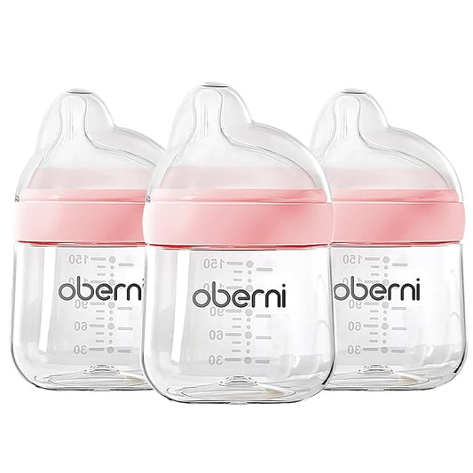 Baby Bottles with Slow Off-Centered Nipple for 0+ Months, Anti Colic Newborn Milk Feeding Bottle, 150ml/5oz/Pink/3Pack