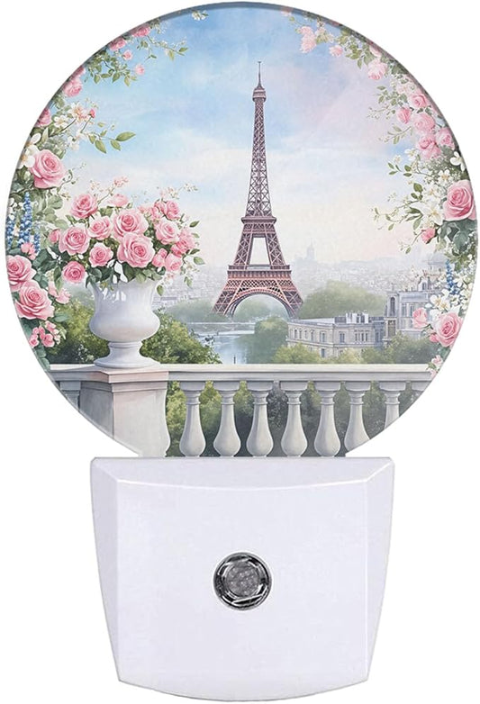 EKOBLA Watercolor Eiffel Tower Night Light Rose Flowers on The Balcony France Paris Landmark Plug-in Nightlights Auto Sensor Plug-in LED Wall Light for Home Bedroom Living Room
