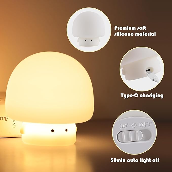 YISUN Mushroom Night Light, Cute Silicone Nightlight for Baby Toddler, Rechargeable LED Nursery Lamp with Timer, 3 Level Dimmable Soft Squishy Night Lamp Gift for Bedroom Kids Room Decor