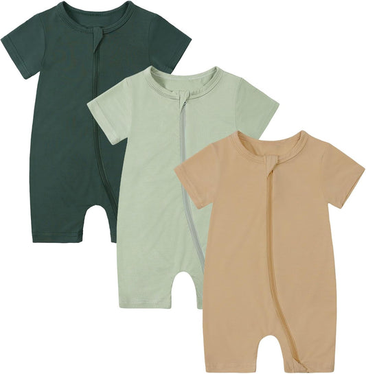 OPAWO Bamboo Baby Pajamas 3 Pack, Double Zipper Bamboo Sleepers for Baby Boy Girl Romper, Toddler Summer Clothes Outfit 0-24M