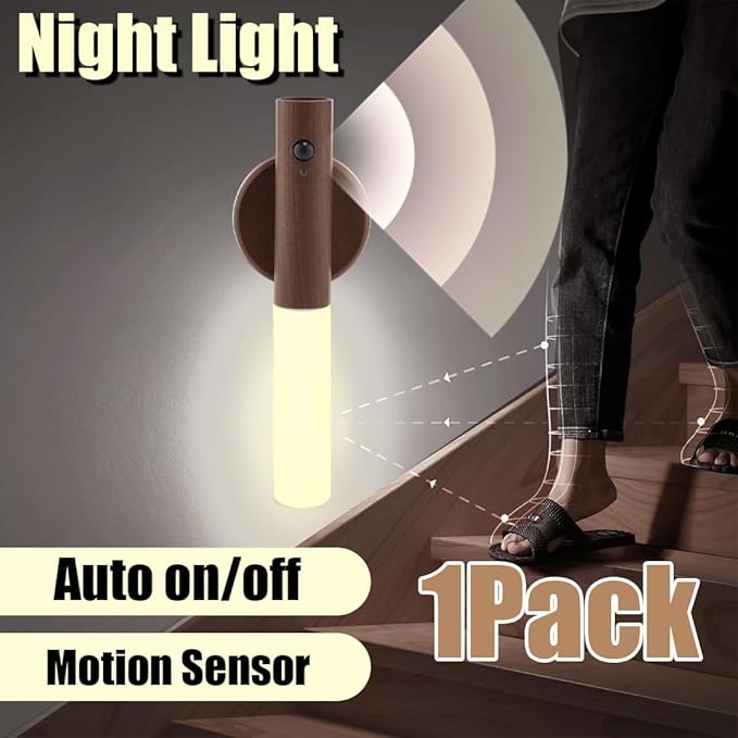 LANDGOO Wooden Nursery Night Light, LED Motion Sensor Nursing Lamp, USB Rechargeable Magnetic 360° Rotation Bedside Lighting for Bedroom Bathroom, Walnut Wood