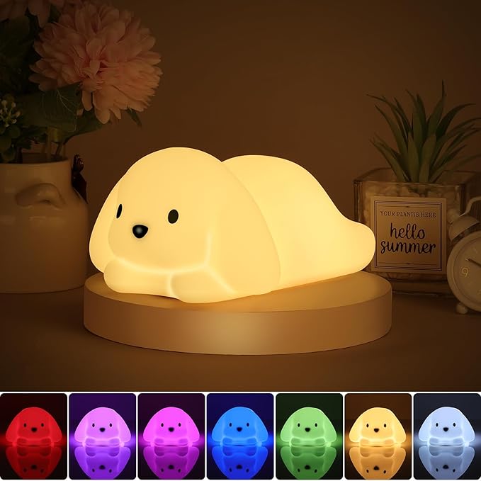 Tremdwoto Dog Night Light for Kids,Cute 7 Colorful Night Light Baby Girl Squishy Night Lights Lamp 1/3 Hour Timer Puppy Light Dimmable Nursery Nightlight，Kawaii Bedroom Decor,Gift for Boys and Girls