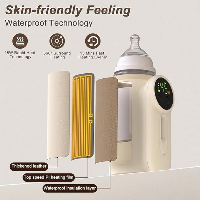Portable 8000mAh Baby Bottle Warmer Bag with USB Charging and Vacuum Insulation, Milk Heating for Travel and Outdoor Feeding, Compatible with Standard and Wide Neck Bottles, Beige