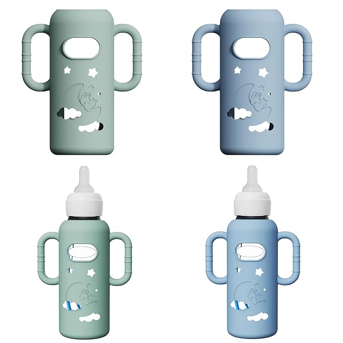 2 Pack Silicone Sleeves for Dr Brown's Glass Bottles, Drop Protection Bottle Sleeves with Handles, Anti Breakage Baby Bottle Holder Compatible with Dr. Brown's Newborn Glass Bottles,8 oz