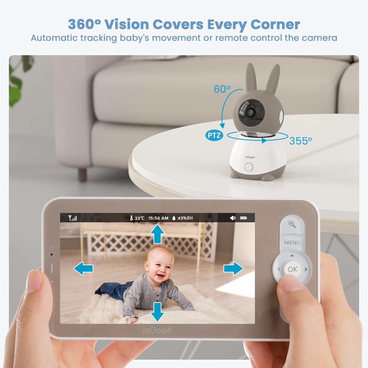 ieGeek 2K Split-Screen Baby Monitor, 5" Audio Baby Monitor with 2 Cameras, WiFi Smartphone Video Dual Camera, Night Vision, Motion & Cry Detection, Two Way Talk Temper &Humidity Sensor