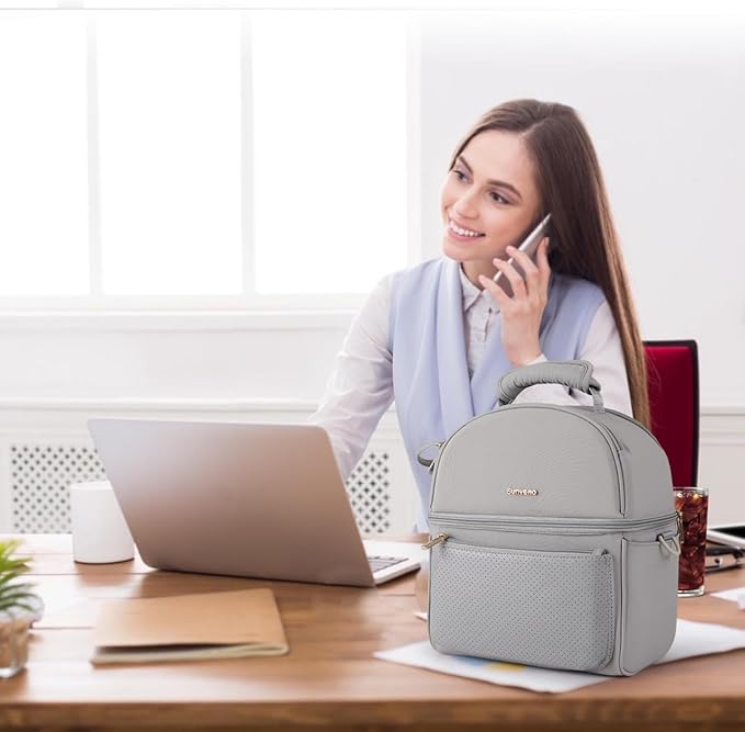 Sunveno Breastmilk Cooler Bag Set with 2 Ice Packs & Detachable Insulation Box, 15-Hour Cold Retention Foil-Lined Leak-Proof Tote Fits 3 Baby Bottles for On-The-Go Pumping Moms, Daycare & Travel,Grey