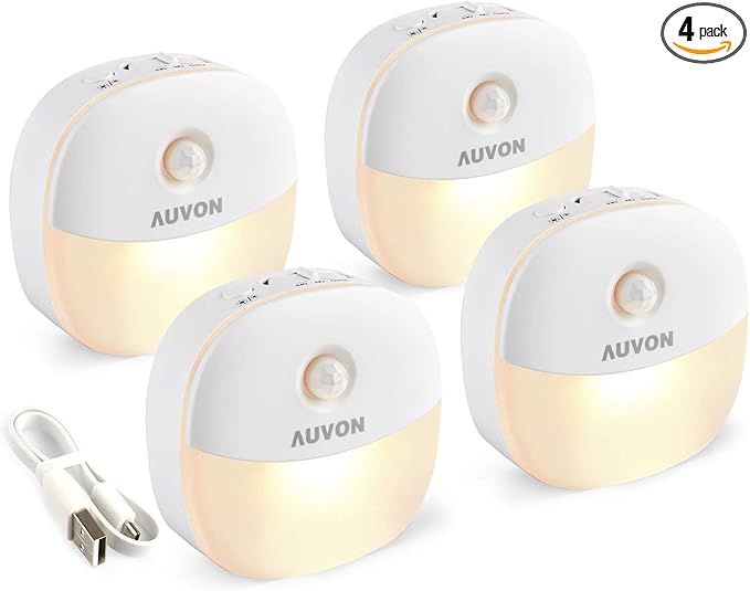 AUVON Rechargeable Battery Night Light, Mini with Motion Sensor, Warm White LED Stick-On Closet Light with Dusk to Dawn Sensor, Adjustable Brightness for Wall, Stairs, Hallway, Cabinet (4 Pack)