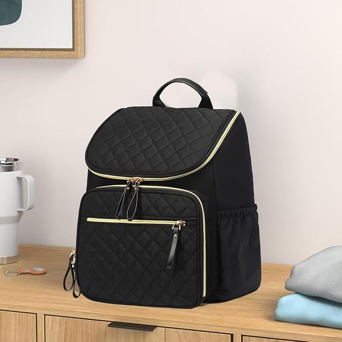 Large Capacity Diaper Bag Backpack with Stroller Buckle, Water-Resistant Travel Baby Bag with Insulated Pockets (Classic, Black-gold)