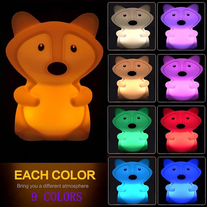 Large Fox Night Lights for Kids, Silicone Night-Light, Bedside lamp, 9 Colors Baby Sleep Light Children's Bed Bedroom Lamp for Toddlers/Boys/Girls/Adults/Bedroom/Outdoor/Camping/Gift - Large