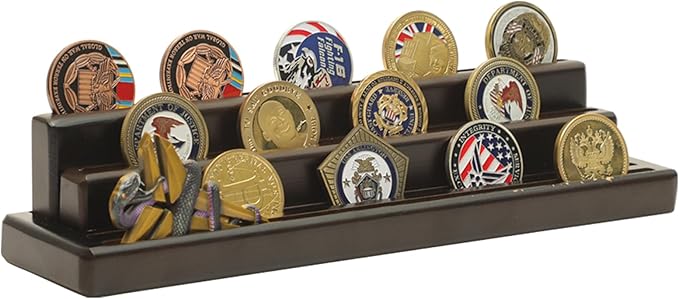 Military Challenge Coins Display Holder Solid Wood,Small Challenge Coin Stand Holds 15-18 Coins,4 Row Army Coin Display Rack for Desk,Challenge Coin Display Case (Coins Not Included)