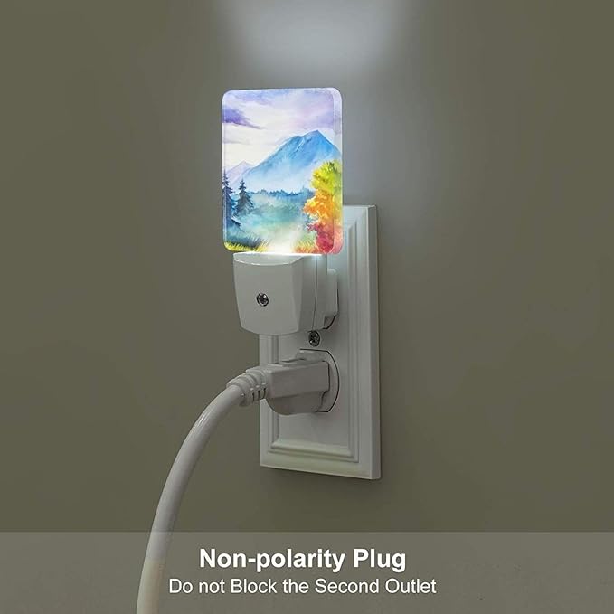 Watercolor Mountains and Forest Night Light,Plug Into Wall for Boys Girls Bedroom Decorative Square Night Light Lamp 0.5w Sleep Friendly