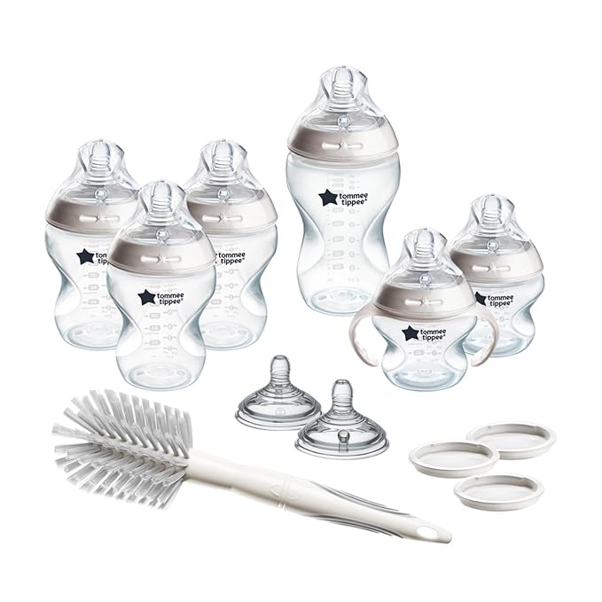 Tommee Tippee Natural Start 12 Piece BPA Free Bottle Set, Includes 2 x 5 oz, 3 x 9 oz, 1 x 11 oz Bottles, Newborn 0+ Months, Slow, Medium & Thicker Flow Breast-Like Nipples, Cleaning Brush, Clear
