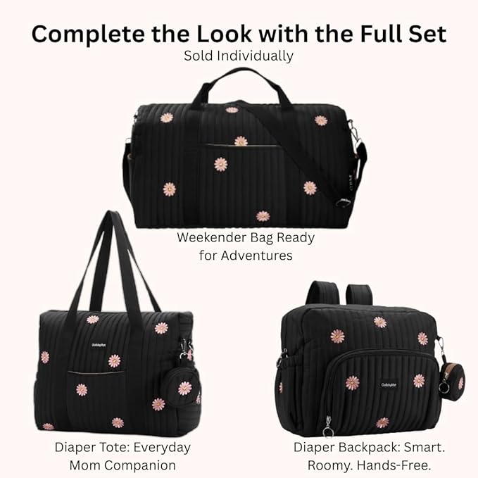 Diaper Bag Backpack, Medium Maternity baby bag & Changing Pad, Insulated Pockets, Stroller Straps & Pacifier Case (Medium - Black Flowers)
