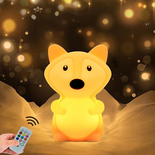 WHA&DARREN Large Fox Night Light for Kids,Cute Baby Night Light, Silicone Bedside Lamp,Sleep LED Lights Desk Light, Eye Caring, Adjustable Brightness & Color, Time Setting
