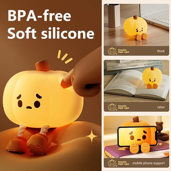Pumpkin Night Light, Squishy LED Halloween Lamp with Timer, Rechargeable Silicone Nursery Nightlight for Kids, Dimmable Bedside Pumpkin Lantern for Baby Room Decor