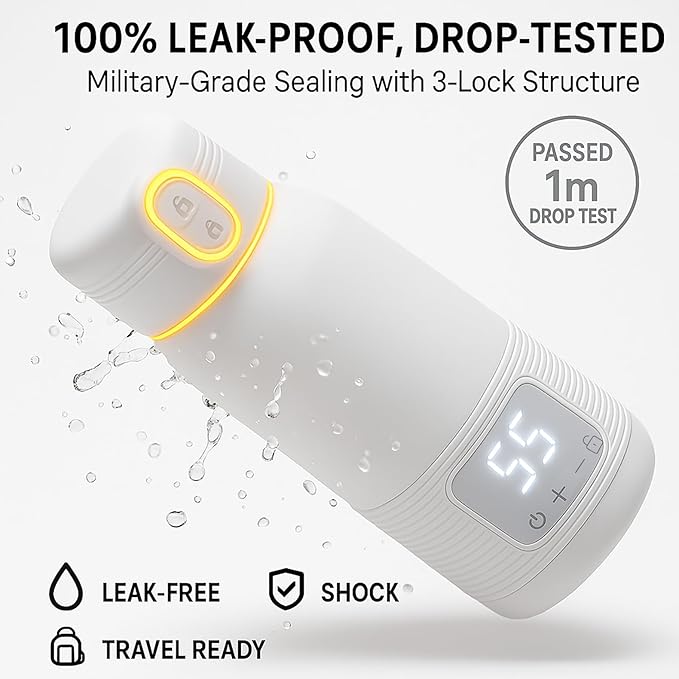 Portable Bottle Warmer for Travel – 12oz Portable Milk Warmer for Travel, LED Display, 3-Min Fast Heating, 10H Battery Life Leakproof for Breastfeeding, Formula, Camping Car Use (White, 12 oz)