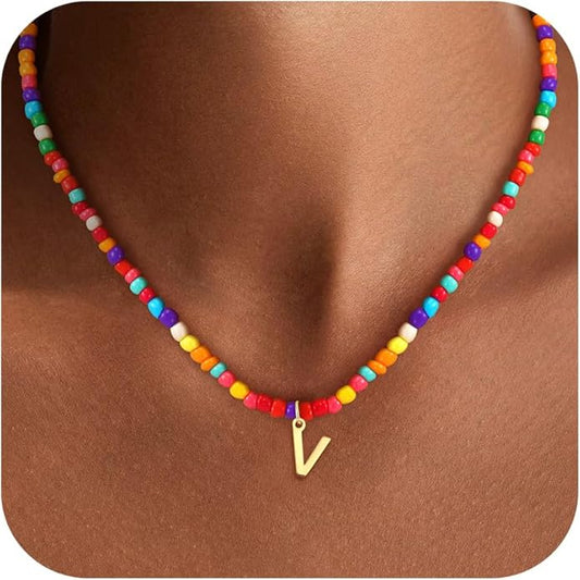 Colorful Initial Necklaces for Girls Kids Women, Cute Beaded Initial Necklace Teen Girl Gifts Trendy Stuff, Bohemian Letter Necklace Birthday Gifts for Women Girls Jewelry