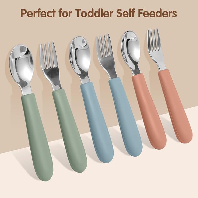 Toddler Utensils, Kids Silverware with Silicone Handle, Spoons and Forks Set, 18/8 Stainless Steel Children Safe Feeding Supplies, 6 Pack, Dishwasher Safe