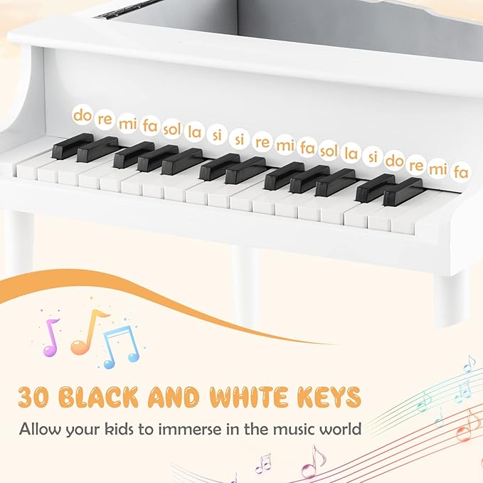 Goplus 30-Key Classical Kids Piano, Mini Grand Piano Wooden Learn-to-Play Musical Instrument Toy with Bench, Piano Lid, Music Rack, Gift for Boys Girls Aged 2+ Baby Toddler(4 Straight Leg-White)