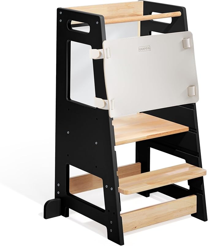 Toddler Kitchen Stools Helper with Adjustable Height and Anti-Slip Protection, Kids Standing Tower with Safety Rail, Kids Montessori Stool with Learning Chalkboard, Black