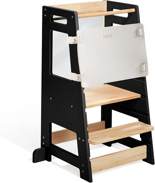 Toddler Kitchen Stools Helper with Adjustable Height and Anti-Slip Protection, Kids Standing Tower with Safety Rail, Kids Montessori Stool with Learning Chalkboard, Black