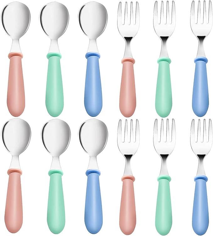 12 Pieces Toddler Utensils,Stainless Steel Baby Forks and Spoons Silverware Set,Kids Silverware Set Children's Cutlery Set with Round Handle,Toddler Flatware Fork Spoon Set,Dishwasher Safe