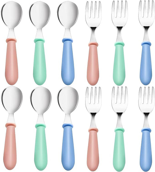 12 Pieces Toddler Utensils,Stainless Steel Baby Forks and Spoons Silverware Set,Kids Silverware Set Children's Cutlery Set with Round Handle,Toddler Flatware Fork Spoon Set,Dishwasher Safe