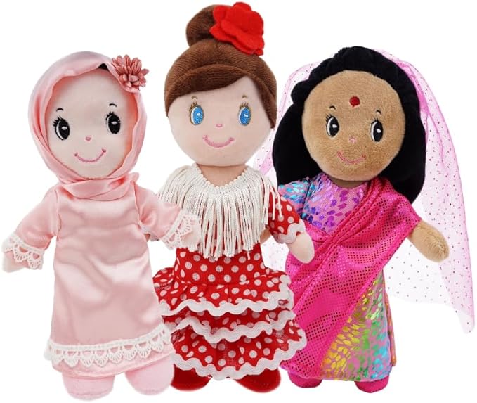 June Garden 3-Piece Multicultural Soft Dolls Set – Plush Cultural Diversity Dolls for Toddlers and Kids – Includes Flamenco Dancer, Indian Girl, and Hijabi Girl – 7” Plush Figures for Pretend Play
