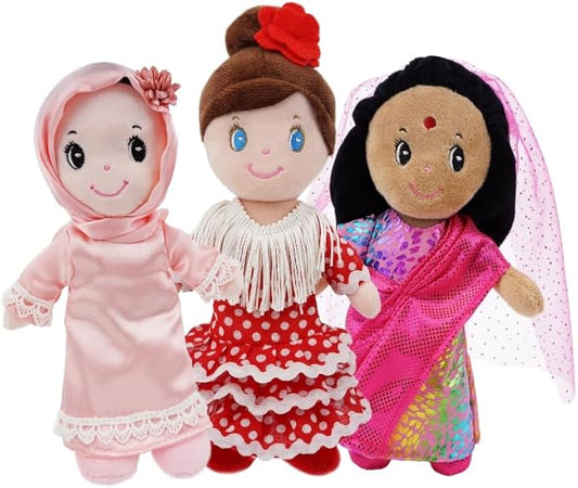 June Garden 3-Piece Multicultural Soft Dolls Set – Plush Cultural Diversity Dolls for Toddlers and Kids – Includes Flamenco Dancer, Indian Girl, and Hijabi Girl – 7” Plush Figures for Pretend Play
