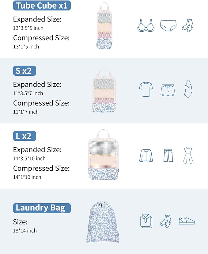 Narwey 6 Set Compression Packing Cubes for Travel Kids Women Carry on, Packing Organizers Bag for Backpack Luggage Suitcase Duffle Bags