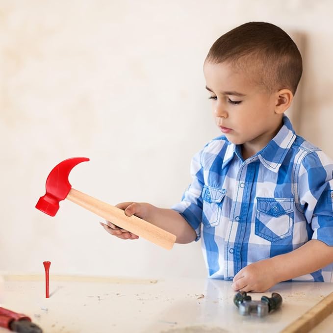 10 Pcs Kids Wooden Hammer Toy with 100 Pcs Colorful Wood Golf Tees, Small Plastic Hammer Simulation Hammers Educational Toys for Children Gift Birthday Party Halloween (Red)