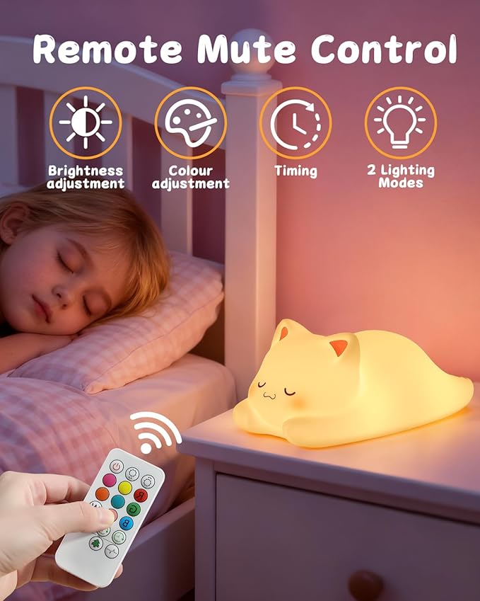 ZKLiLi Night Light for Kids Cute Cat Lamp,16 Colors+Tap+Remote+Silicone Kids Night Light,USB Remote Rechargeable Cat Night Lights for Room Decoration, Girls