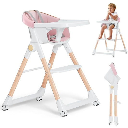 Baby High Chair, High Chairs for Babies and Toddlers, Convertible Folding High Chair with Removable Tray 5 Point Harness Footrest Detachable PU Cushion, Portable Highchair for Baby Toddlers