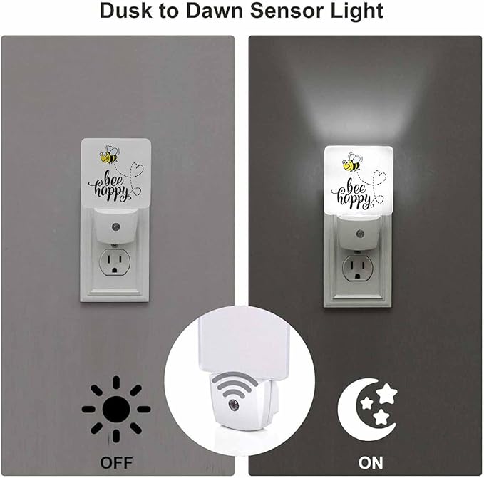 LED Night Light,Bee Happy Funny Text Quote Cute Fat Bee LED Night Light Plug into Wall with Dusk to Dawn Light Sensor White Energy Efficient Nightlight for Bedroom Bathroom Hallway Living Room Kitchen