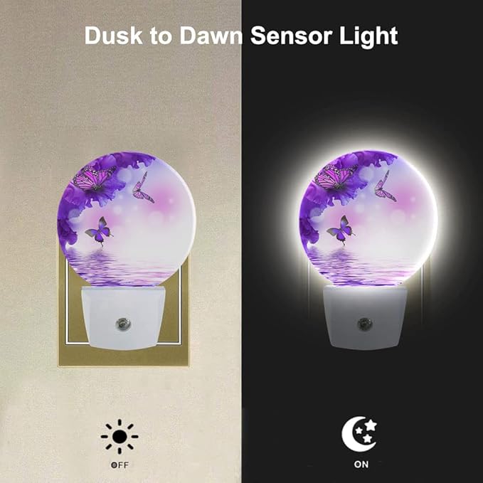 EKOBLA Flower Butterfly Night Light - Purple LED Wall Plug-in Nightlights with Auto Sensor, Dusk to Dawn Lighting for Bedroom & Nursery (0.5W Sleep-Friendly Glow)
