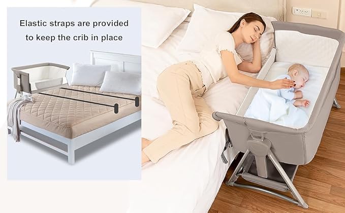 Bassinet, Bedside Sleeper for Baby, Rocking Cribs Newborn Infant Sleeping Bed, Portable Foldable Baby Travel Bed with Mattress, Height Adjust, Suit for 0-6M Bassinet (Khaki)