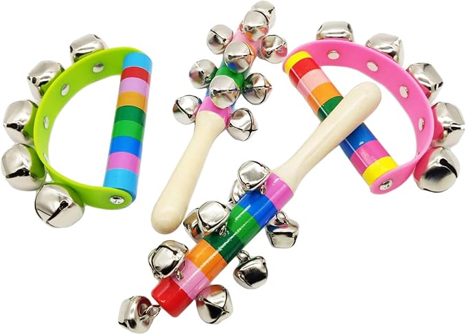 4 Pcs Vivid Color Rainbow Handle Wooden Bells Jingle Stick Shaker Rattle 5/10 Jingle Bells Baby Kids Children Musical Toys
