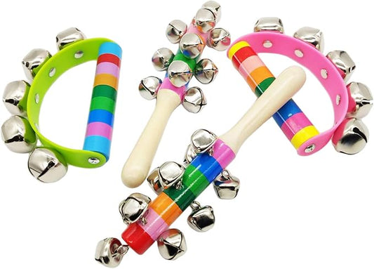 4 Pcs Vivid Color Rainbow Handle Wooden Bells Jingle Stick Shaker Rattle 5/10 Jingle Bells Baby Kids Children Musical Toys