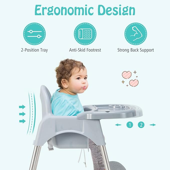 BABY JOY Baby High Chair, 4 in 1 Convertible High Chair with Adjustable Legs, Double Removable Tray, Safety Harness & Footrest, for 6-36 Months Babies & Toddlers (Gray)