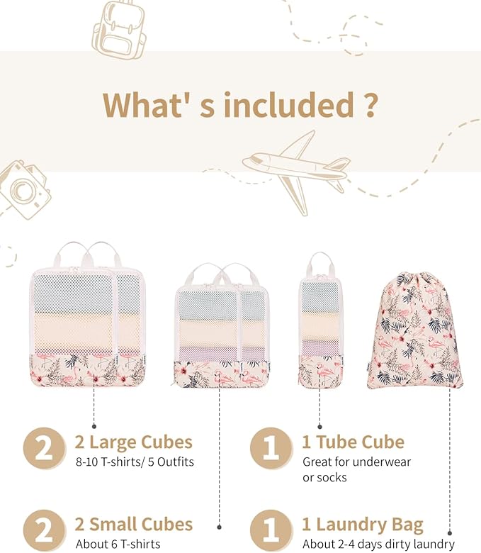 Narwey 6 Set Compression Packing Cubes for Travel Kids Women Carry on, Packing Organizers Bag for Backpack Luggage Suitcase Duffle Bags