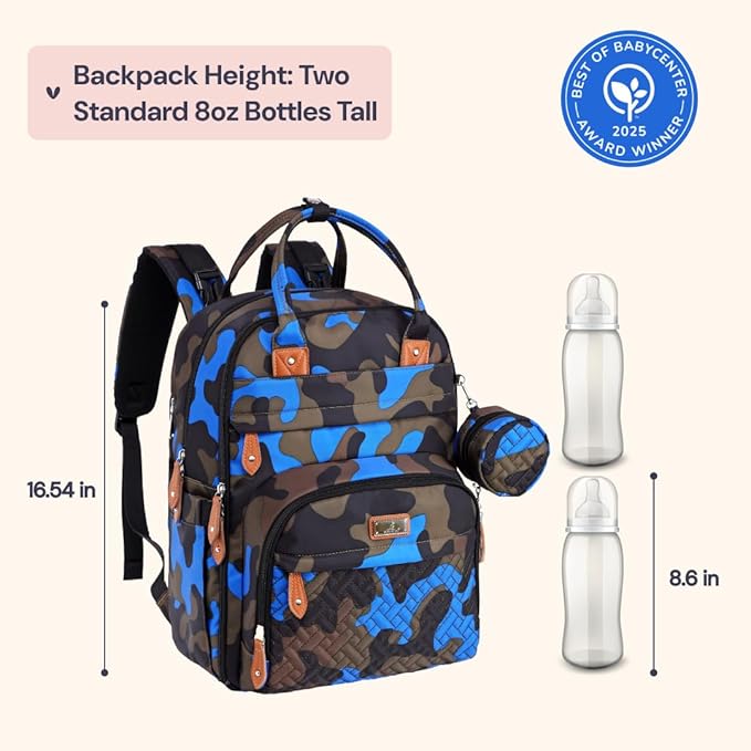 BabbleRoo Diaper Bag Backpack - Baby Essentials Travel Tote - Multi function Waterproof Diaper Bag, Travel Essentials Baby Bag with Changing Pad, Stroller Straps & Pacifier Case - Unisex, Blue Camo