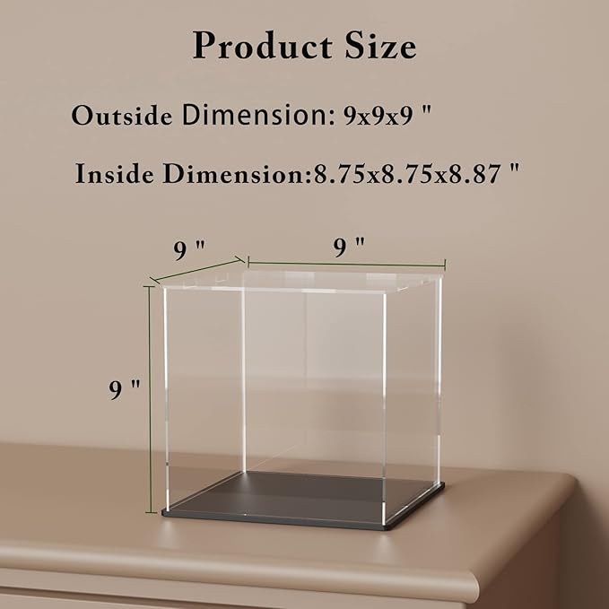 SVENJBB Acrylic Display Case, 9x9x9 Inch Acrylic Boxes for Display, Clear Display Cases with Matte Black Base and Lid for Collectibles