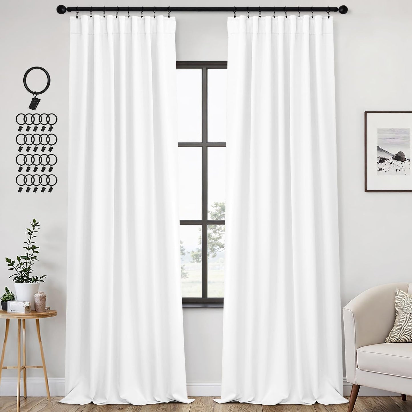ANRODUO Back Tab Blackout Curtains for Bedroom Living Room, Rod Pocket Pinch Pleated Thermal Insulated Room Darkening Curtains 96 Inches Long 2 Panels, White, 42 x 96 Inch