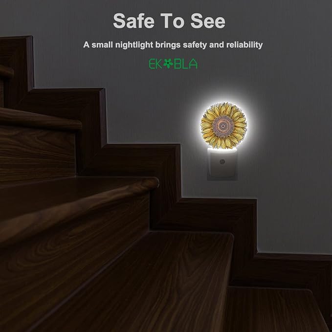 EKOBLA Sunflower Night Lights Plug into Wall Boho Yellow Flower Plug-in Nightlights, Gifts for Women Mom Grandma, Dusk to Dawn Sensor LED Round Nightlight Home Decor