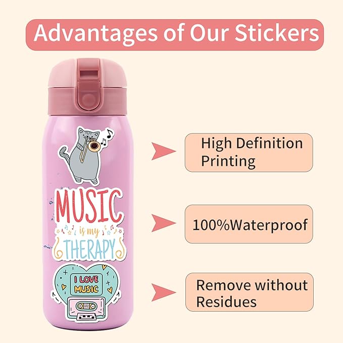 100PCS Music Stickers, Funny Music Gifts for Student Vinyl Waterproof for Water Bottle Laptop Luggage Guitar Gifts for Teens Girls Kids Adult Students